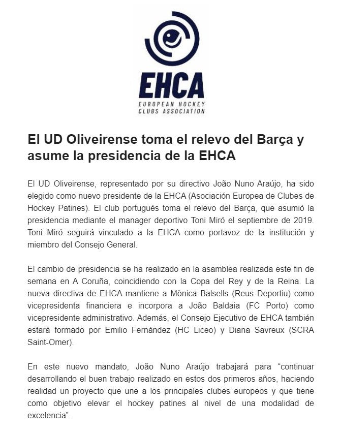 El <a href="/UD_Oliveirense/">UD Oliveirense</a> toma el relevo del <a href="/FCBhoquei/">Barça Hoquei</a> y asume la presidencia de la #EHCA.

👇 Toda la información:
