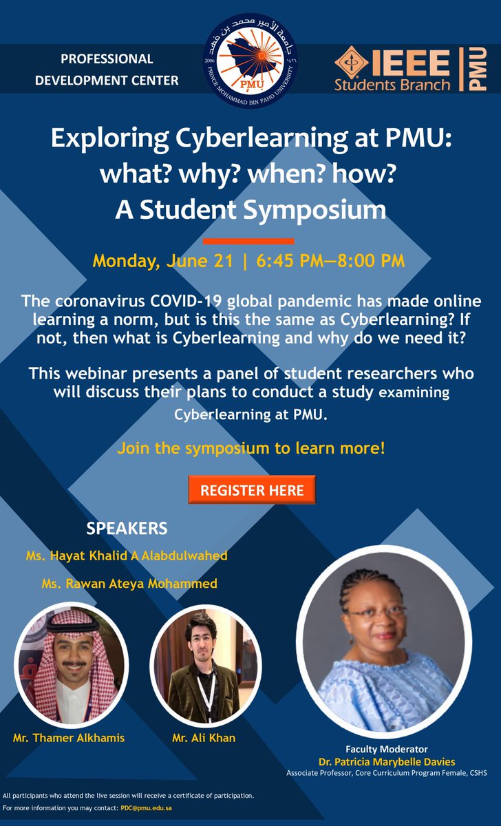 We are thrilled to announce about A Student Symposium Exploring Cyberlearning at PMU in collaboration with Professional Development Center. 

Join us on Monday, June 21 at 6:45 pm to learn more about Cyberlearning! 

Registration link 🔗 : 
docs.google.com/forms/d/e/1FAI…