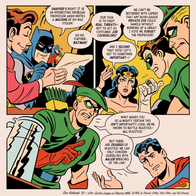 I'm adjusting to a new medication and my acting was getting real stiff, so as an exercise I recreated the first glimpse of the real Oliver "you squares aren't about the struggle" Queen from 1968's JUSTICE LEAGUE OF AMERICA #66 by Dennis O'Neil, Dick Dillin, and Sid Greene (1/3) 