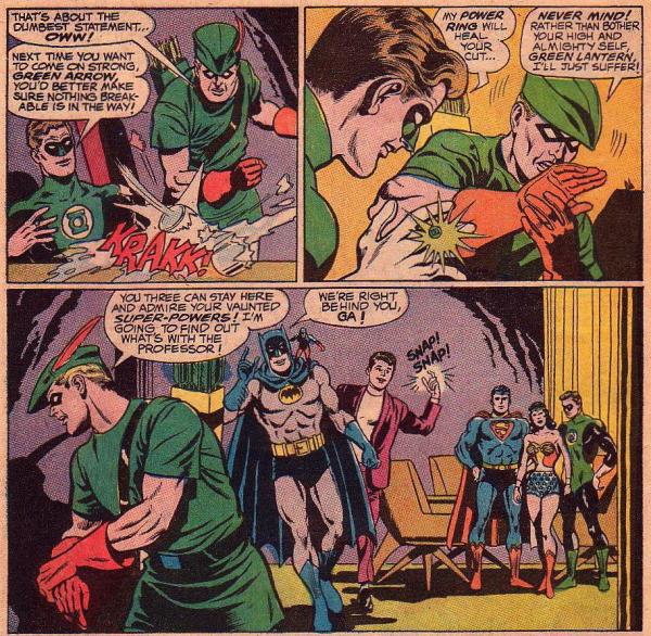 Ollie cusses out Superman, tells Hal to beat an egg, and squads up. Dynamite. GA's original mask is hard to emote with -- the arrowhead eyeholes lose their shape pretty fast if you try anything major with them, so his loud mouth does most of the acting (2/3)