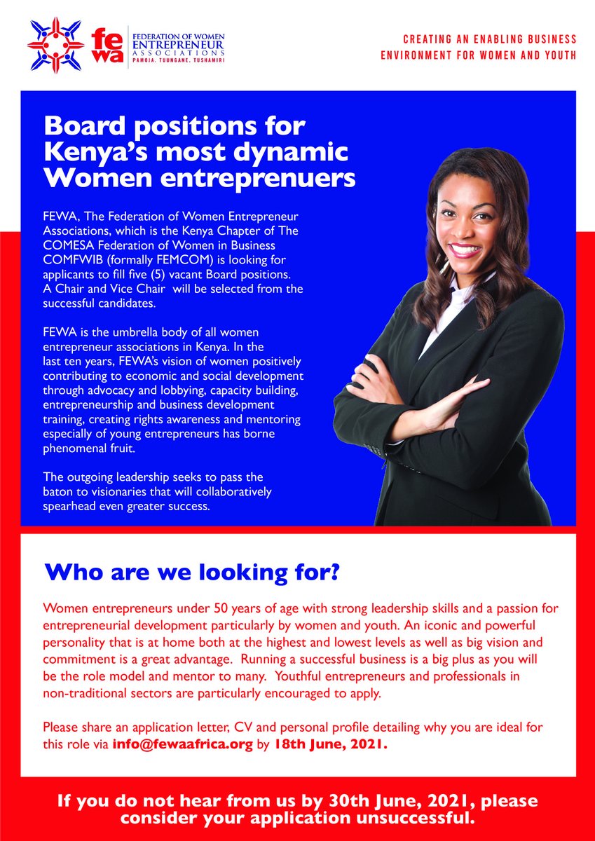 WeAreFEWA's tweet photo. Board Recruitment
The outgoing FEWA leadership seeks to pass the button to visionaries that will collaboratively spearhead greater success.
Use the link to apply.
https://t.co/XPokVsqjrW
@comfwib 
@Rjwachira
 
@JoanneMwangi
 
@MelvineObollah
#AskKirubi https://t.co/8YhoTaHo0G