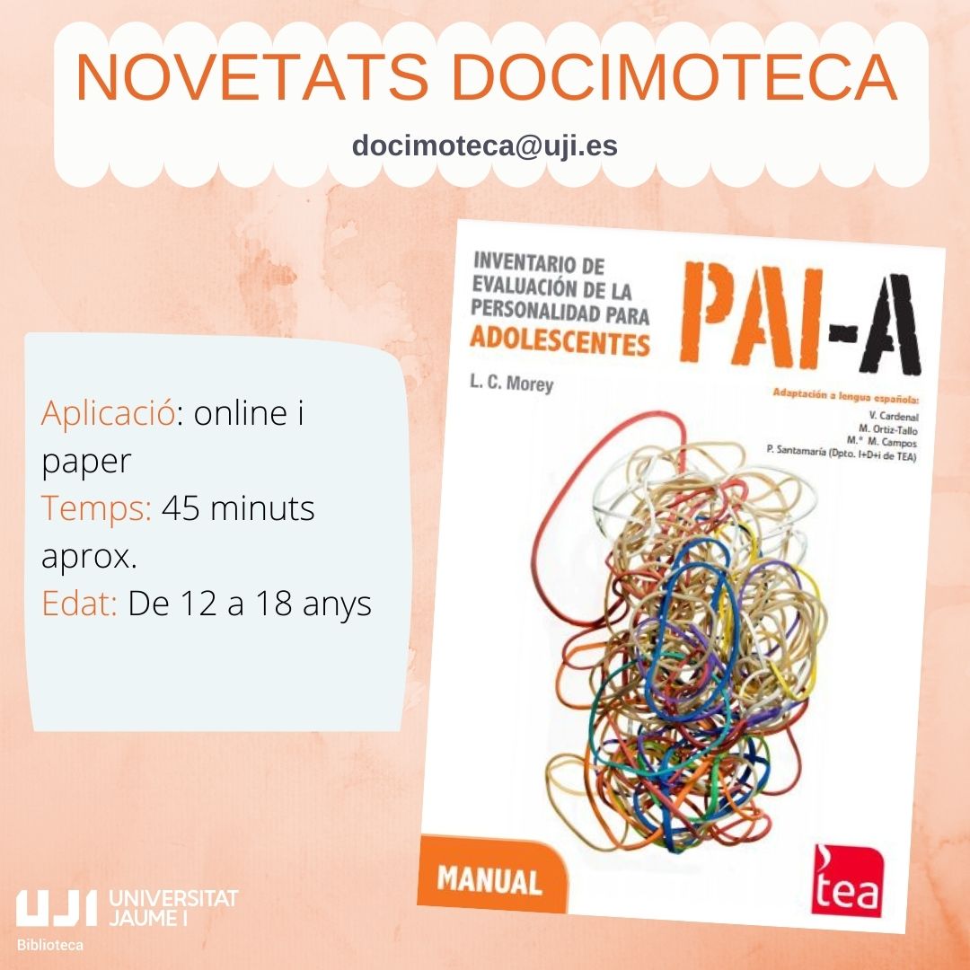 BibliotecaUJI's tweet photo. 📣📣 A la #Docimoteca tenim un nou instrument d’avaluació psicològica!!📣📣
Préstec o accés al manual online:
👉docimoteca@uji.es👈
@UJIuniversitat @ConsellUJI @AlumniSAUJI @fcs_UJI
#somUJI #labibliotecaUJIambtu #EstudiantatUJI
#SomUJI #labibliotecaUJIambtu #EstudiantatUJI https://t.co/whVLxWRYt7