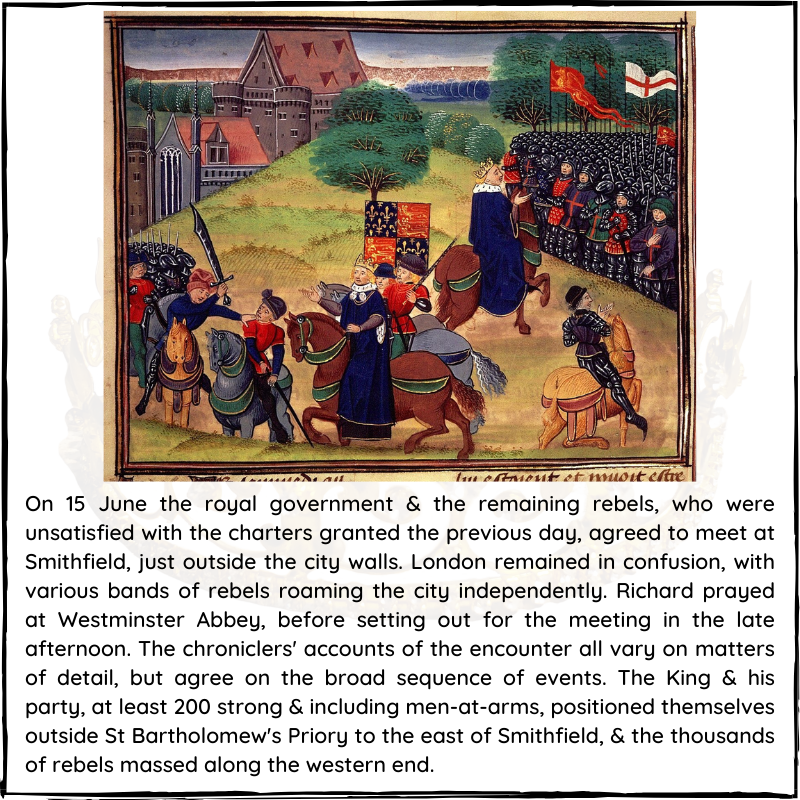 BritishHistorym's tweet photo. #otd 15 June 1381 - Peasants Revolt: Rebel leader Wat Tyler is killed.
#Peasantsrevolt #Londonhistory #medievalhistory #WatTyler #KingRichardII #RichardII https://t.co/EAQzNIFoOu