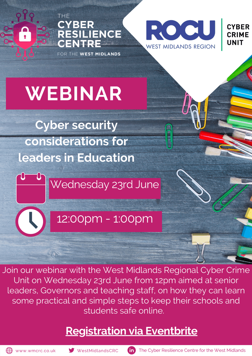 warkspolice's tweet photo. 🚨Cybercrime Team Update 2: We're still seeing an increase in #ransomware attacks on #education. If you work in this sector, Wednesday 23rd June at 12:00pm is a must attend for your organisation's leadership team.
https://t.co/j6TLX6xXtL
#rocuwm #wmcrc #cyberprotect #education https://t.co/sG2JCknsmC