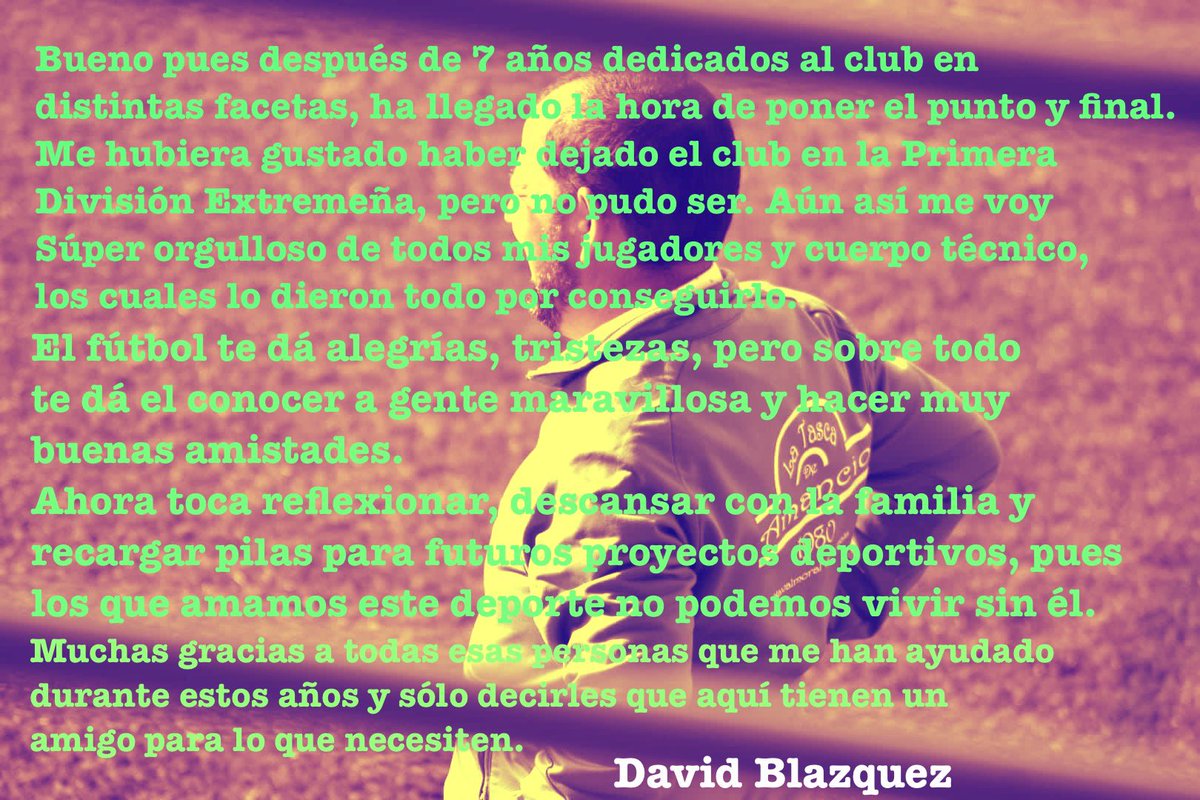 Buenos días, después de 7 años vinculado al club, nuestro mister lo deja. Muchas gracias David por tu dedicación plena a nuestro club.
Te deseamos mucha suerte en tus futuros proyectos deportivos.