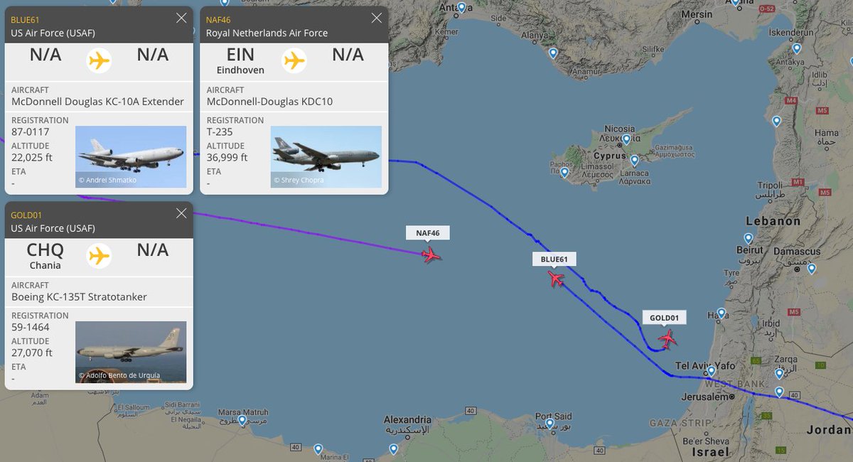 TheSnoopySnoop's tweet photo. Some east #Mediterranean #airtanker activity just now
#BLUE61 #KC10 #USAF 87-0117
Heading west out of #Qatar
#GOLD01 #KC135 #usaf 59-1464
Out of #SoudaBay & circling off the #Israel coast
#NAF46 #KDC10 #Netherlands Air Force T-235
#haveglass #planespotting https://t.co/cbi6Q9tf3w
