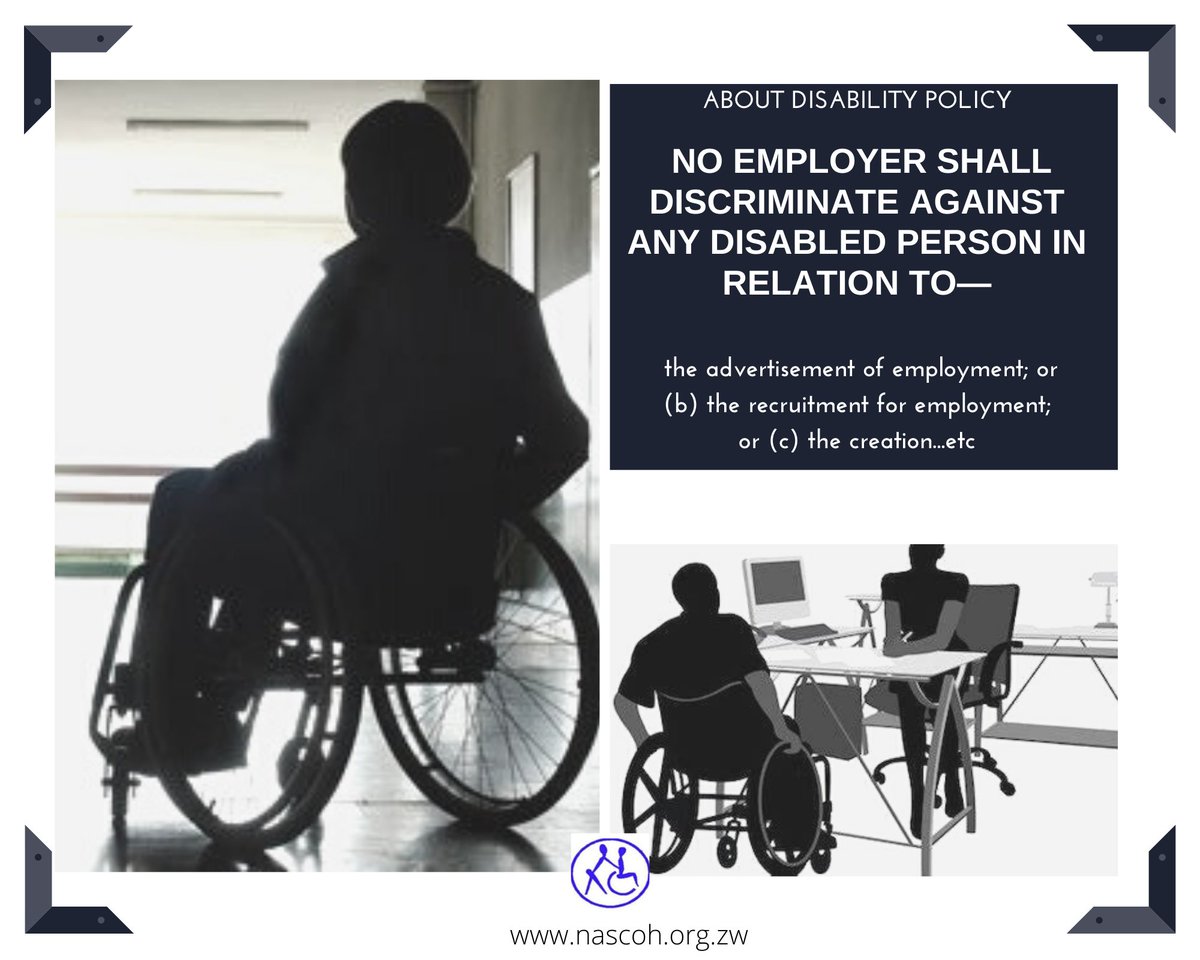 Prohibition of discrimination against disabled persons in employment is deemed an offence and liable to a fine not exceeding level seven #DisabilityPolicyZW <a href="/GwiziSoneni/">NdiMhle tuu! ♿🇿🇼LadyFlawsome</a> <a href="/LCDZim/">Leonard Cheshire Disability Zimbabwe</a> <a href="/MyEDF/">European Disability Forum</a> <a href="/DisabilityZim/">Disability Resources Trust</a> <a href="/unescoROSA/">UNESCOsouthernAfrica #Education #Sciences #Culture</a> <a href="/NkomwaTrust/">NKOMWA FOUNDATION TRUST</a> <a href="/sphampofu/">Siphathisiwe Mpofu</a> <a href="/signsofhopezim/">#AccessToInformation</a> <a href="/DeafZimTrust/">Deaf Zimbabwe Trust</a> <a href="/deafwomenzim/">Deaf Women Included</a>