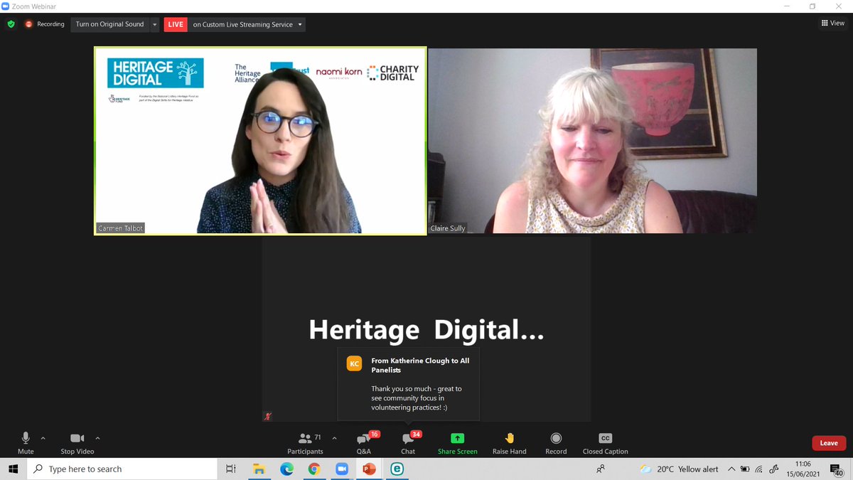 ClairedeSully's tweet photo. I was the speaker at today's webinar 
for @CharityDigiOrg #BeMoreDigital @Heritage_NGOs

I was asked to speak about Recruiting, Retaining and Managing Digital Volunteers.

I spoke about #Inspiring #Connecting #Doing #Community https://t.co/Dz9uNOIln7