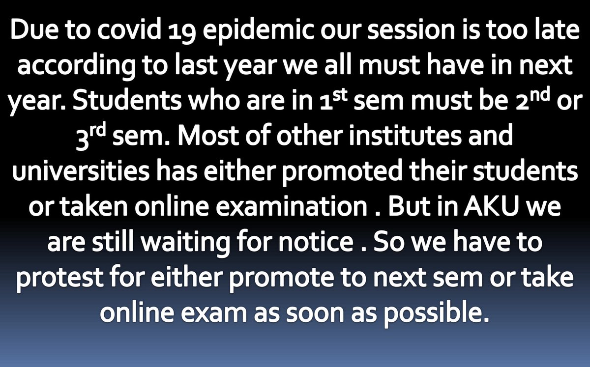 Avinash33586861's tweet photo. Promote all sem.Students or take online Exam
#promote_aku_btech_exam 
#online_aku_btech_exam 
@Akubihar @NitishKumar @narendramodi @BiharEducation_ @EduMinOfIndia @ndtv @pappuyadavjapl @yadavtejashwi @TejYadav14 @BiharHealthDept @ravishndtv @BiharTakChannel @ZeeBiharNews @aajtak https://t.co/T4nOAd8tkf