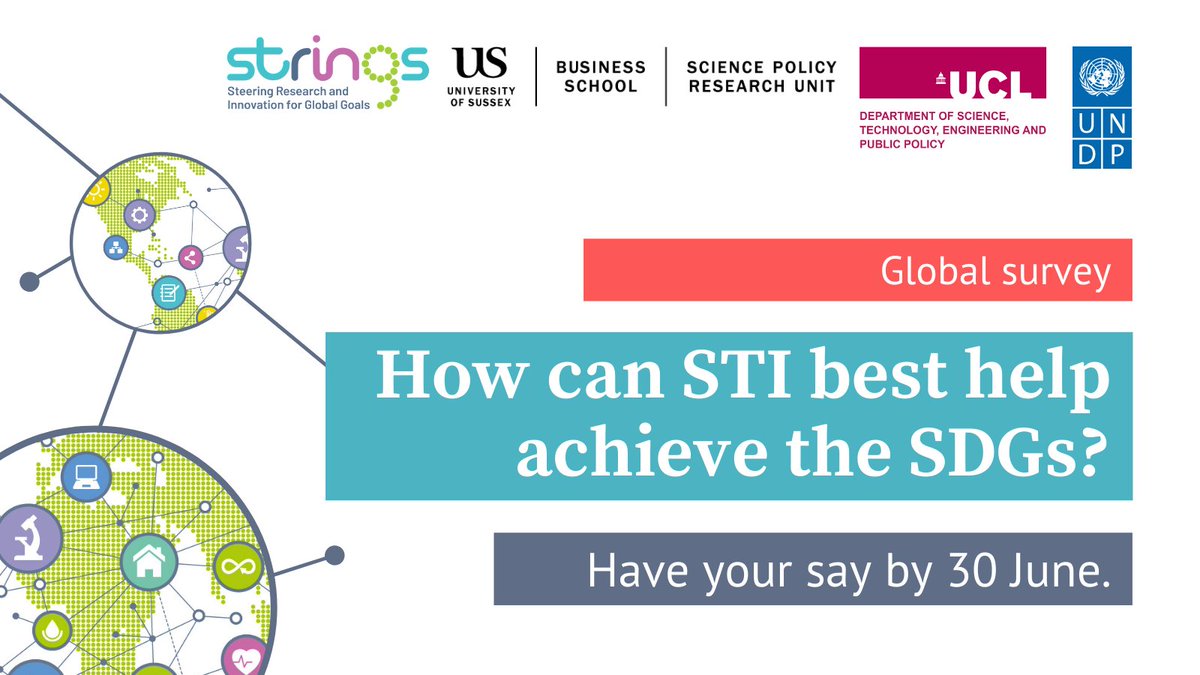 Just over two weeks left to have your say on how #science, #technology and #innovation can best help achieve the #SDGs.

✅ See what others think and learn about their views
✅ Help provide evidence to better align STI with SDGs

Take the #STRINGSsurvey: tinyurl.com/pyk2evcz