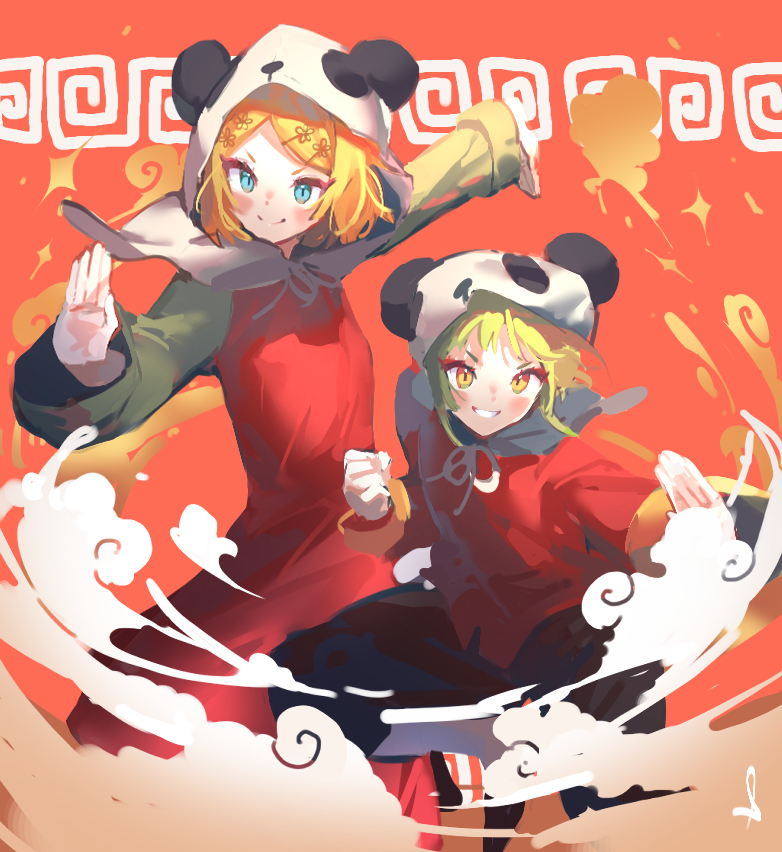 gumi ,kagamine rin blonde hair multiple girls smile 2girls fighting stance chinese clothes yellow eyes  illustration images