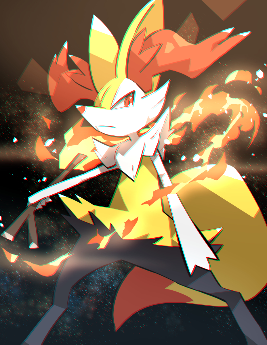 braixen solo pokemon (creature) stick chromatic aberration furry animal ear fluff holding stick  illustration images