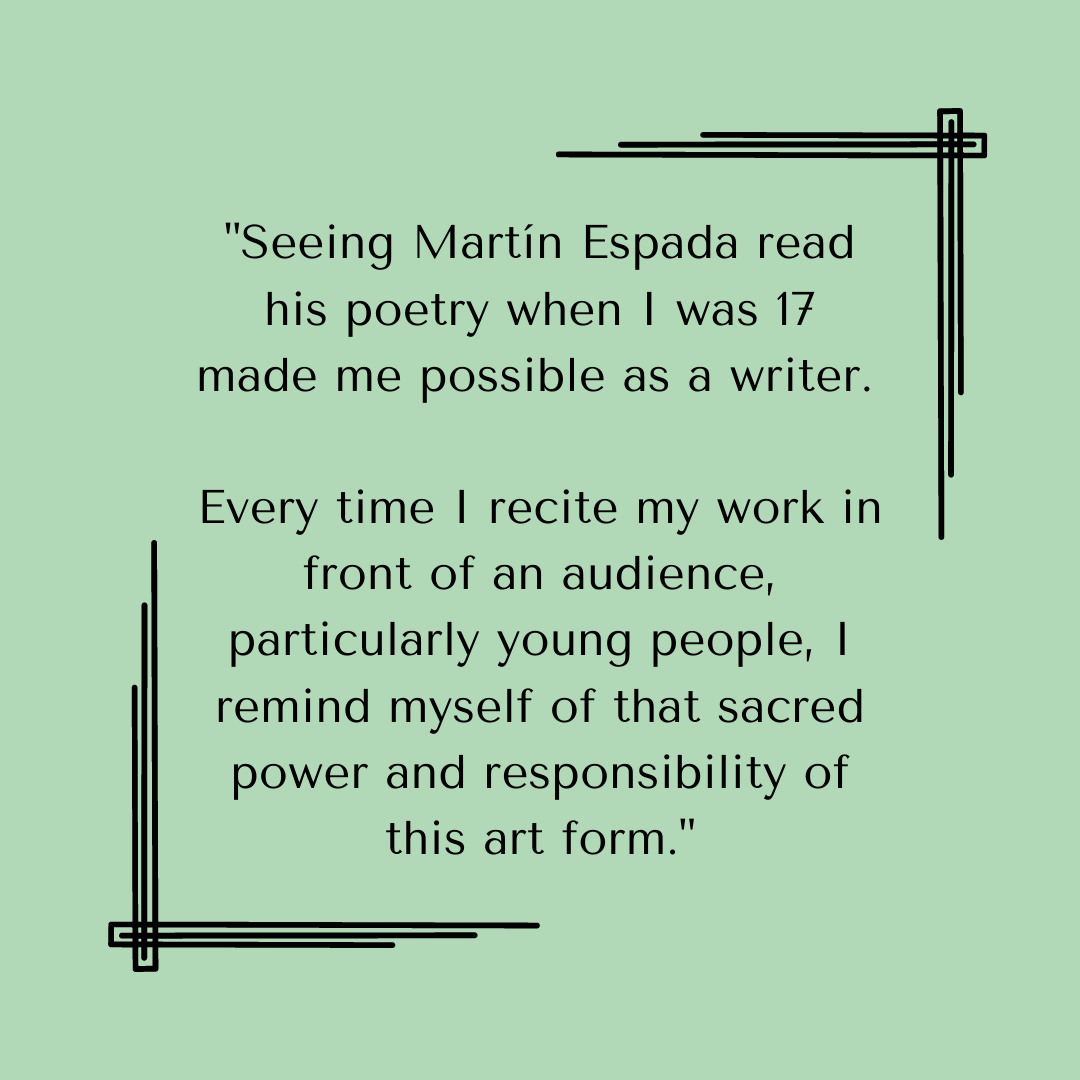Meet Carlos Andrés Gómez! Carlos's landmark debut, "Fractures" from University of Wisconsin Press, is a finalist in the Poetry: General category. Swipe to read about the moment that inspired Carlos as a writer! <a href="/CarlosAGLive/">Carlos Andrés Gómez</a> 

#MidwestBookAwards