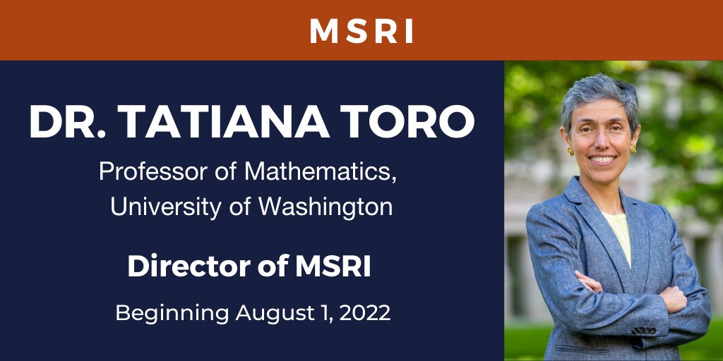 mathmoves's tweet image. Please join MSRI’s Board of Trustees in welcoming Dr. Tatiana Toro of the University of Washington @UW as MSRI’s sixth Director beginning next summer! Dr. Toro will succeed Dr. David Eisenbud of @UCBerkeley, effective August 1, 2022. Learn more: msri.org/web/msri/commu… @UWArtSci