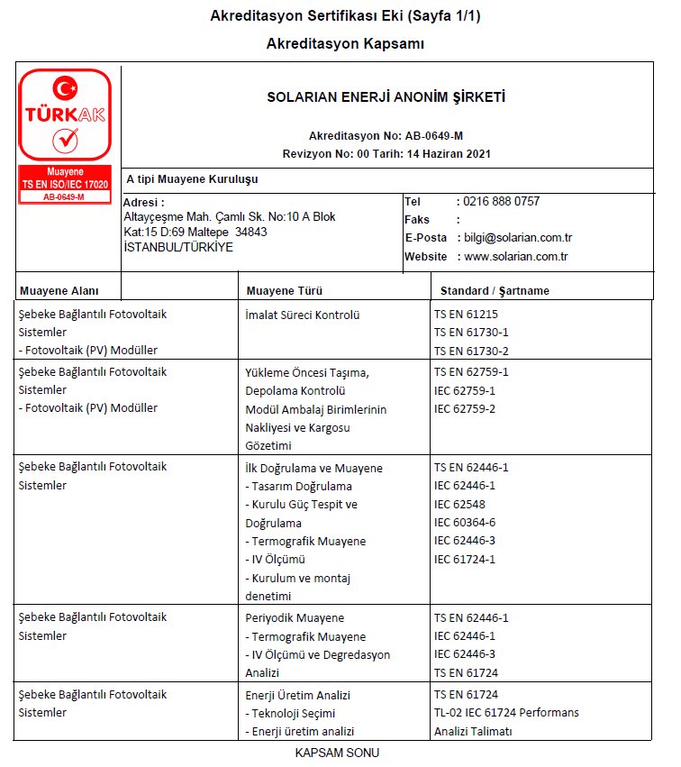 Bugün; <a href="/SolarianEnerji/">Solarian Enerji</a> için özel bir gün, yolculuğumuzda bir kilometre taşı: <a href="/SolarianEnerji/">Solarian Enerji</a> artık TÜRKAK akredite bir kuruluş! Bu süreçte bizleri motive eden ve bizlere destek olan her bir sektör paydaşına ayrı ayrı teşekkür ederiz.