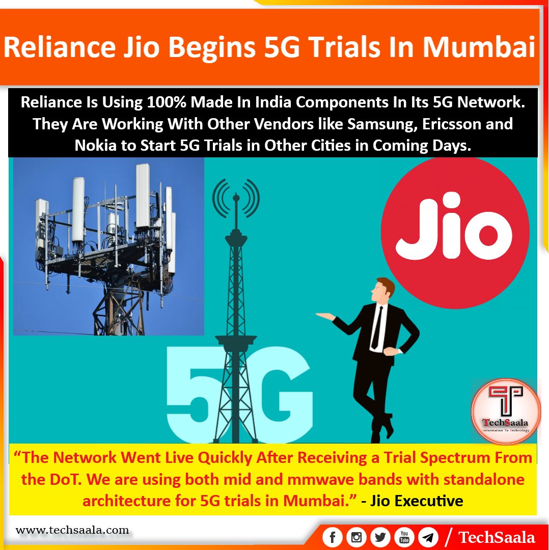 Tech_Saala's tweet photo. Indeed 5G Trials Has Begun in India.
#Reliance #Jio #5G #DOT #TechSaala https://t.co/EAH5xP6lSw