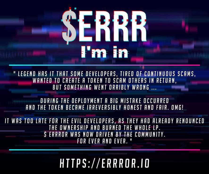 DJJY's tweet photo. ๐ ๐ ๐
#ERRROR $ERRR
The anti-scam token of tomorrow, but TODAY!
Info on https://t.co/TVGPIDZp61
Join the revolution now:
0xdff84d3cf15f778f8e1b894e91a44db105e6a586 https://t.co/hKlsQLHbnm