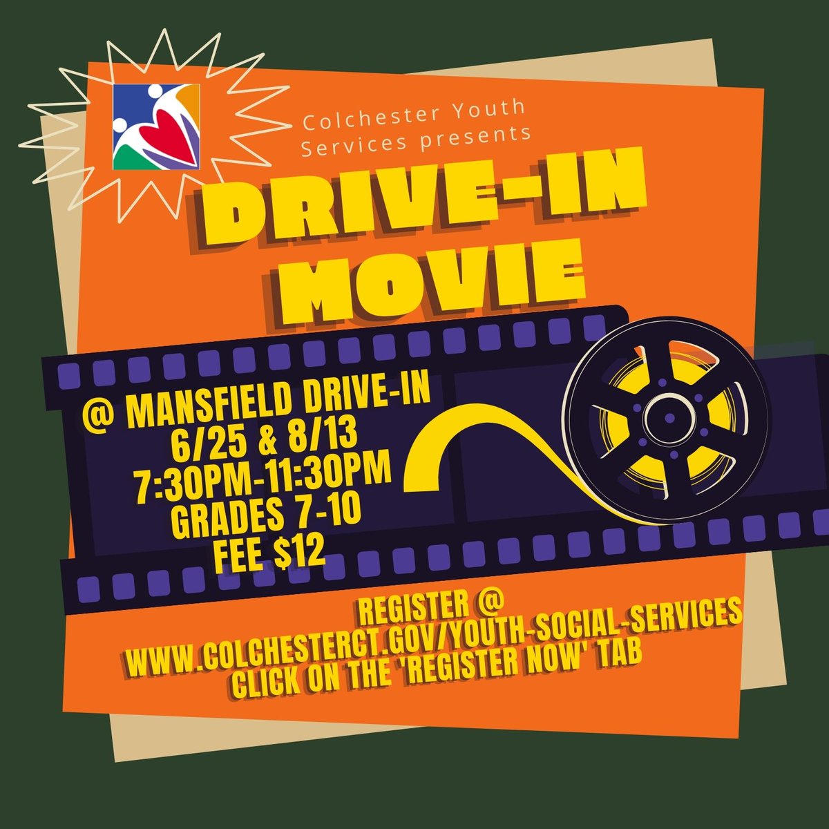 ColchesterYS's tweet photo. Rising 7th-10th Graders, it's not too late! Join us for a Friday night at the Drive-In! Register @ https://t.co/eF06D4z4Z6
Click on the 'Register NOW' tab. #driveinmovie #colchesteryouthservices https://t.co/5ZGscIZs3r