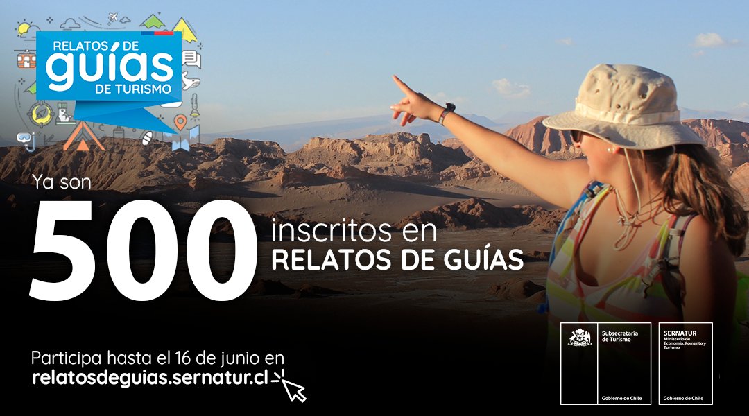 Sernatur's tweet photo. 5⃣0⃣0⃣ guías de turismo ya se han inscrito para participar en #RelatosDeGuías👏 y aún quedan cupos‼️ No te quedes fuera e inscríbete tú también para digitalizar tus servicios 🌐 y llegar a tu futura audiencia📈. Sólo ingresa en 🔗https://t.co/o3QAKO6goE https://t.co/YhcVTt1odE