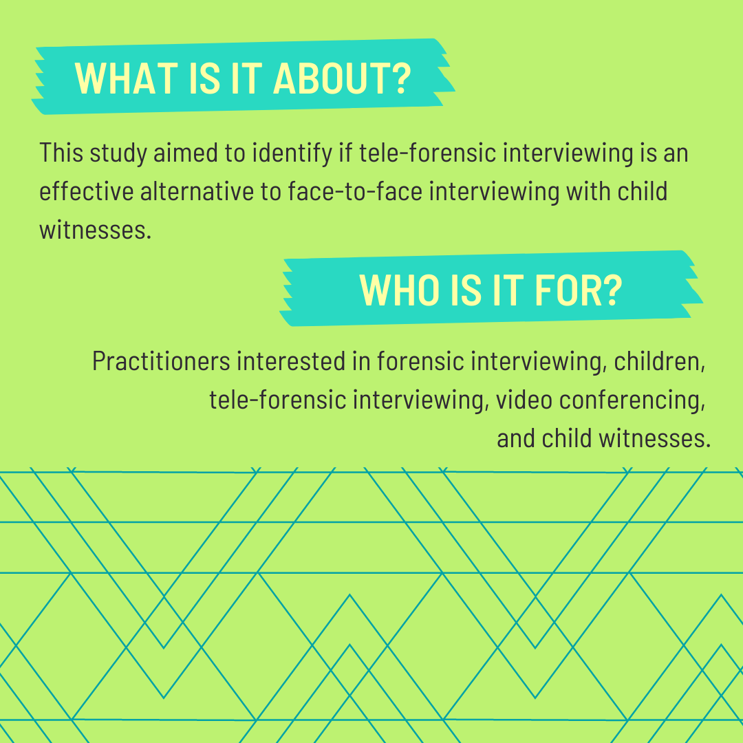 lhb_apls's tweet photo. Our first article highlight from the April 2021 issue is about tele-forensic interviewing of child witnesses. Swipe through for a summary and click here to read the full abstract- https://t.co/ewRuuRrNjj. @APLS41 @APLSsc #forensicinterviewing #teleinterviewing https://t.co/Cy6d52pjd6