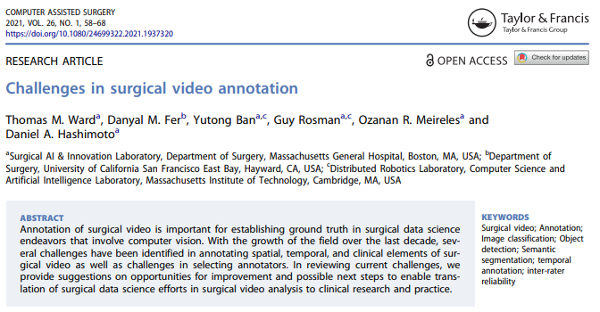 Dan Hashimoto, MD MS FACS (@laparoscopes) on Twitter photo Annotating surgical video can be challenging & <a href="/thomas_m_ward/">Thomas Ward</a> <a href="/Danyal_Fer/">Dan Fer MD</a> <a href="/MGHSAIIL/">MGH SAIIL</a> outlined these challenges & some proposed ways to overcome them in our newest paper in Computer-Assisted Surgery
tandfonline.com/doi/full/10.10…
#computervision #AI #surgery Annotating surgical video can be challenging & <a href="/thomas_m_ward/">Thomas Ward</a> <a href="/Danyal_Fer/">Dan Fer MD</a> <a href="/MGHSAIIL/">MGH SAIIL</a> outlined these challenges & some proposed ways to overcome them in our newest paper in Computer-Assisted Surgery
tandfonline.com/doi/full/10.10…
#computervision #AI #surgery