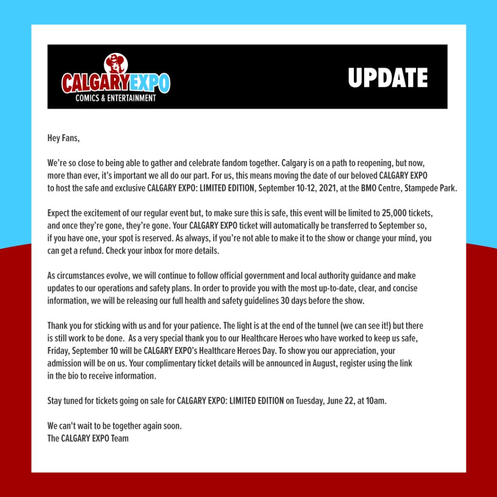 Calgaryexpo's tweet photo. An update on CALGARY EXPO 2021: https://t.co/8enjgx7Xkh https://t.co/wxrLdH1eHK