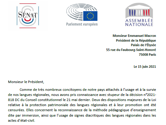 Avec <a href="/moniquedemarco/">Monique de  Marco</a> et 138 parlementaires, nous avons décidé de solliciter le Président de la République. Une révision constitutionnelle en faveur des langues régionales est tout à fait envisageable, si telle est l'intention d'Emmanuel Macron ⤵️

paulmolac.bzh/lettre-ouverte…