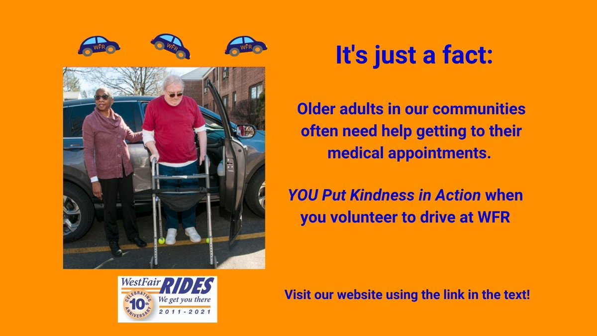 TRA_rides's tweet photo. Older adults in our communities often need help getting to their medical appointments. Volunteer to feel the joy of helping your neighbors. Put Kindness Into Action https://t.co/cWfKthkJrU
#Kindness #WestFairRides #WeGetYouThere #Volunteer #Westchester https://t.co/qplEMZcIF0