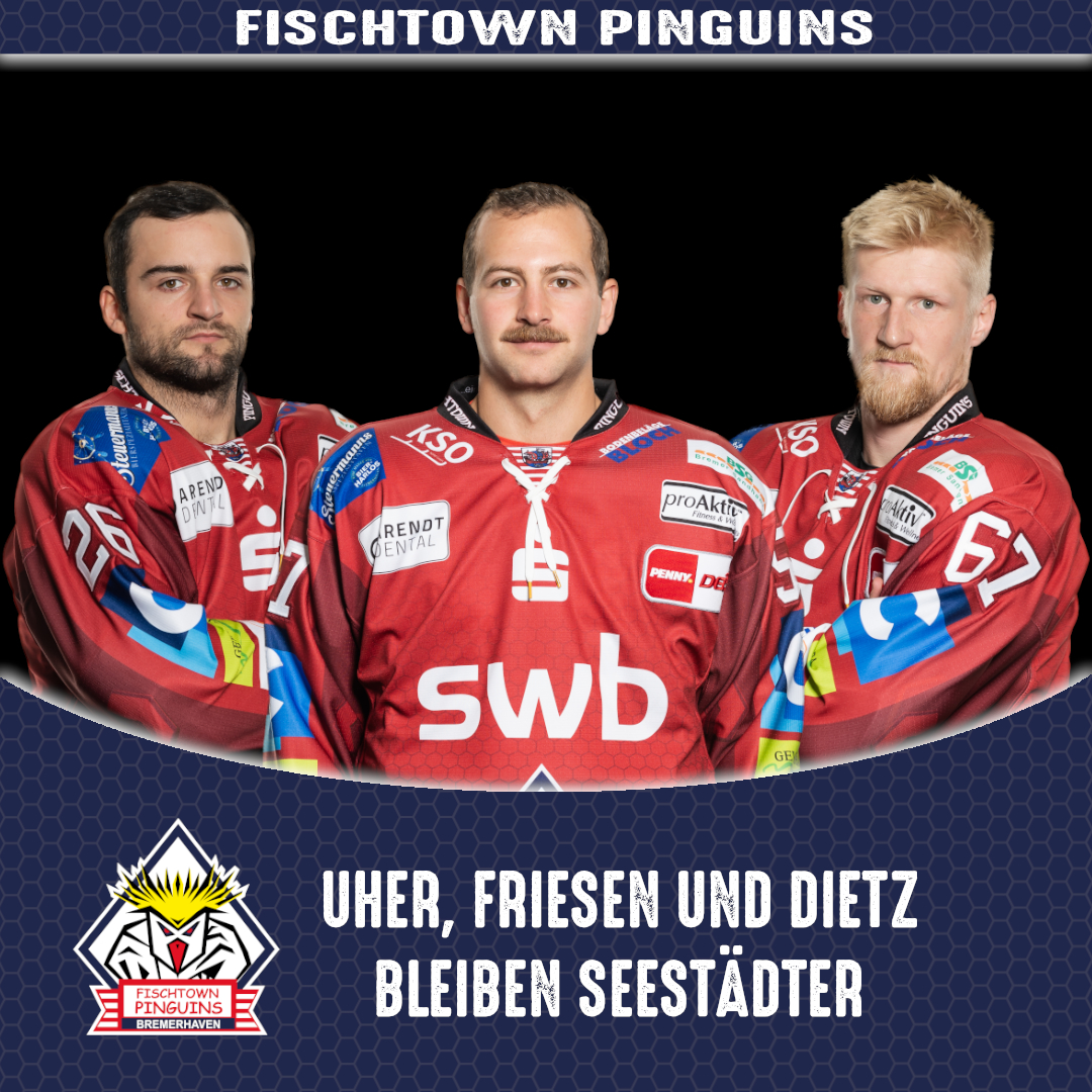 Pinguins verlängern mit Dominik Uher, Alex Friesen und Stanislav Dietz

Das Trio trägt auch in der nächsten Saison das Trikot der Pinguins 🔴⚪🎉
Die komplette News lest ihr auf unser Homepage fischtown-pinguins.de
#WIRsindBHV