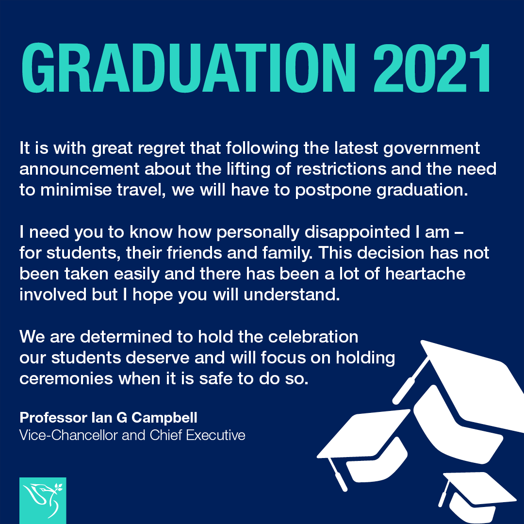 LJMU's tweet photo. "It is with great regret, that following the latest government announcement...we will have to postpone graduation."
We know this will be disappointing and are writing to all affected students. The website has more info, including about Gowns and Photos.
https://t.co/3PLOdoby6K https://t.co/yv0chk7zgk