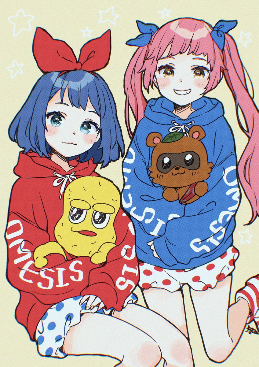 multiple girls 2girls twintails blue hair hood smile pink hair  illustration images