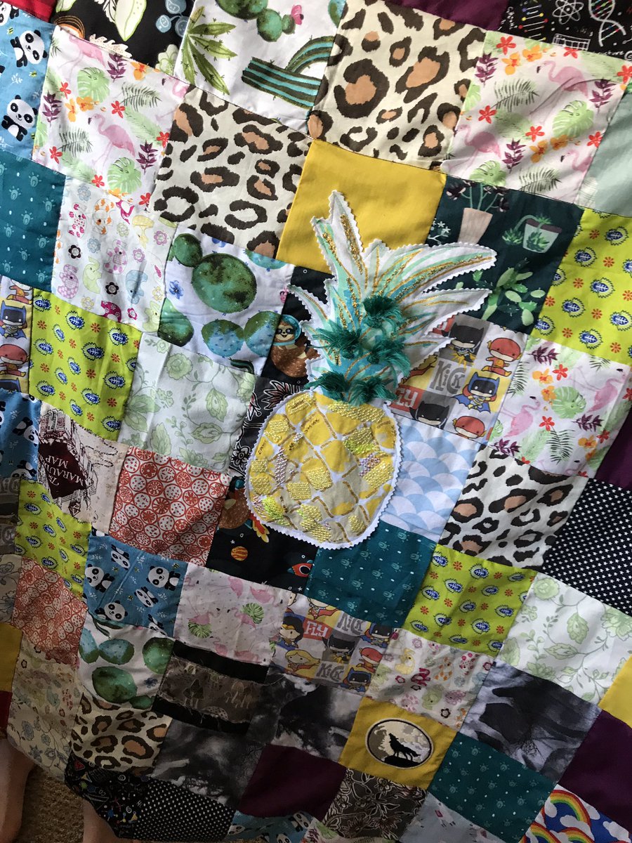 mrs_royle1's tweet photo. She’s made her own patchwork blanket all by herself. These are all recycled fabrics from projects we’ve done and old clothes too☺️@FairfieldPrimSc @FPS_5_Hufflepuf https://t.co/Fq7HVjnvKj