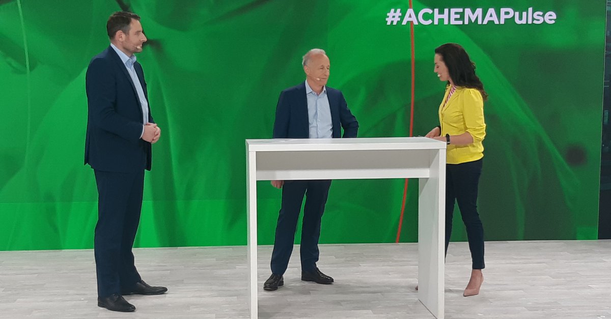 ACHEMAworldwide's tweet image. A great first day of #ACHEMApulse is over - a big thanks to all of the 950+ exhibitors and many many more speakers who contributed today.
Björn Mathes and Thomas Scheuring just wrapped up the first day with Helena Felixberger on  Live Stage 1 - a good time was had by all.
