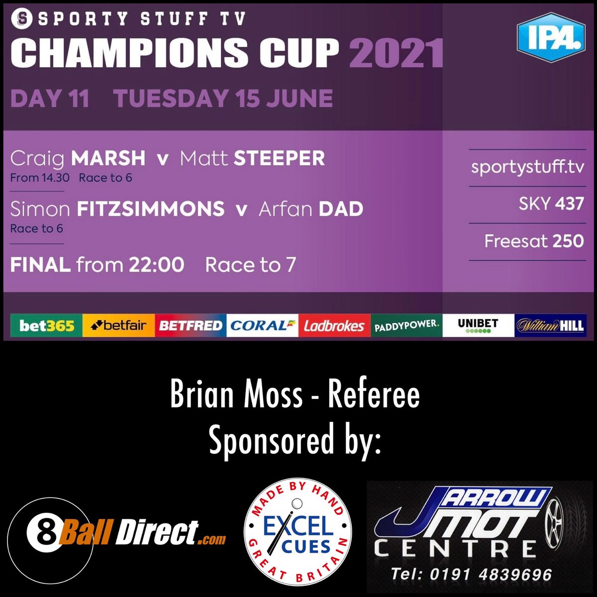 🎱<a href="/IPAPool/">IPA Pool 🎱</a> Champions Cup 2021, Week 4, Day 2.

The Buddha <a href="/craigmarshwc17/">craig marsh pool</a> takes on The Daddy <a href="/ArfanDad83/">Arfan Dad</a> at 10pm tonight on <a href="/tv_sporty/">SportyStuffTV</a>. <a href="/KellyScottRadio/">Kelly Scott</a> anchoring us as usual with <a href="/FairwayToGo/">Dan Fairway 🎱🎤</a> on coms🤙🏼