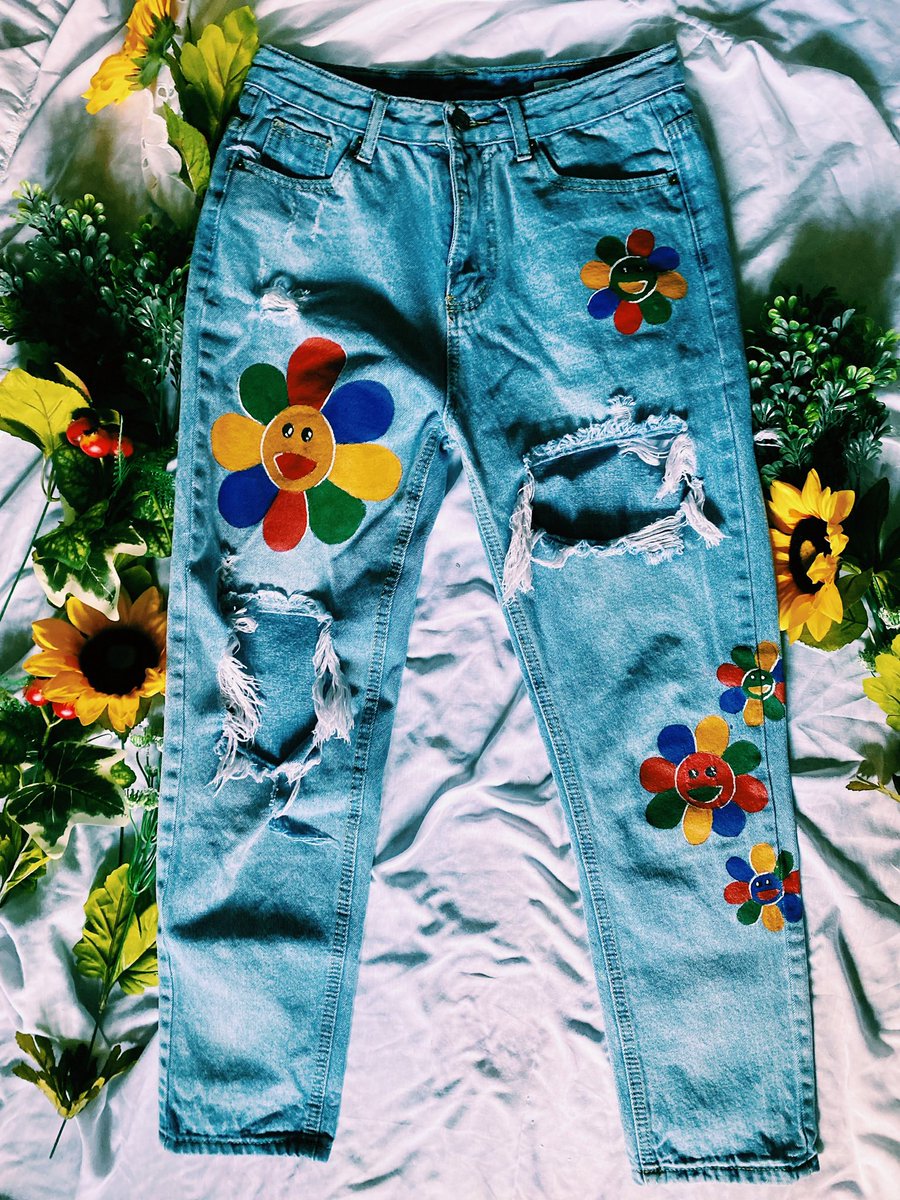 lebeaudenimco's tweet photo. some painted denim up for grabs in the shop!!

one of a kind, heat pressed, machine wash &amp; dry safe! 

detailed measurements are on the site! 
https://t.co/O7pIgvDEv5 https://t.co/OWpAOTpHpP