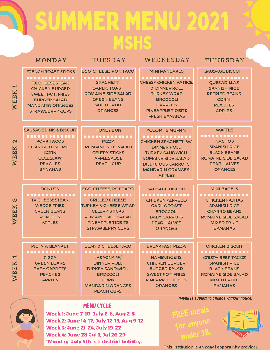 ❗️RECORDATORIO❗️ 

¡Paquetes de comida de fin de semana de 4 días gratis y deliciosos están disponibles para todos los estudiantes de MISD y sus familias! 😋  Consulte el folleto a continuación para obtener más detalles.