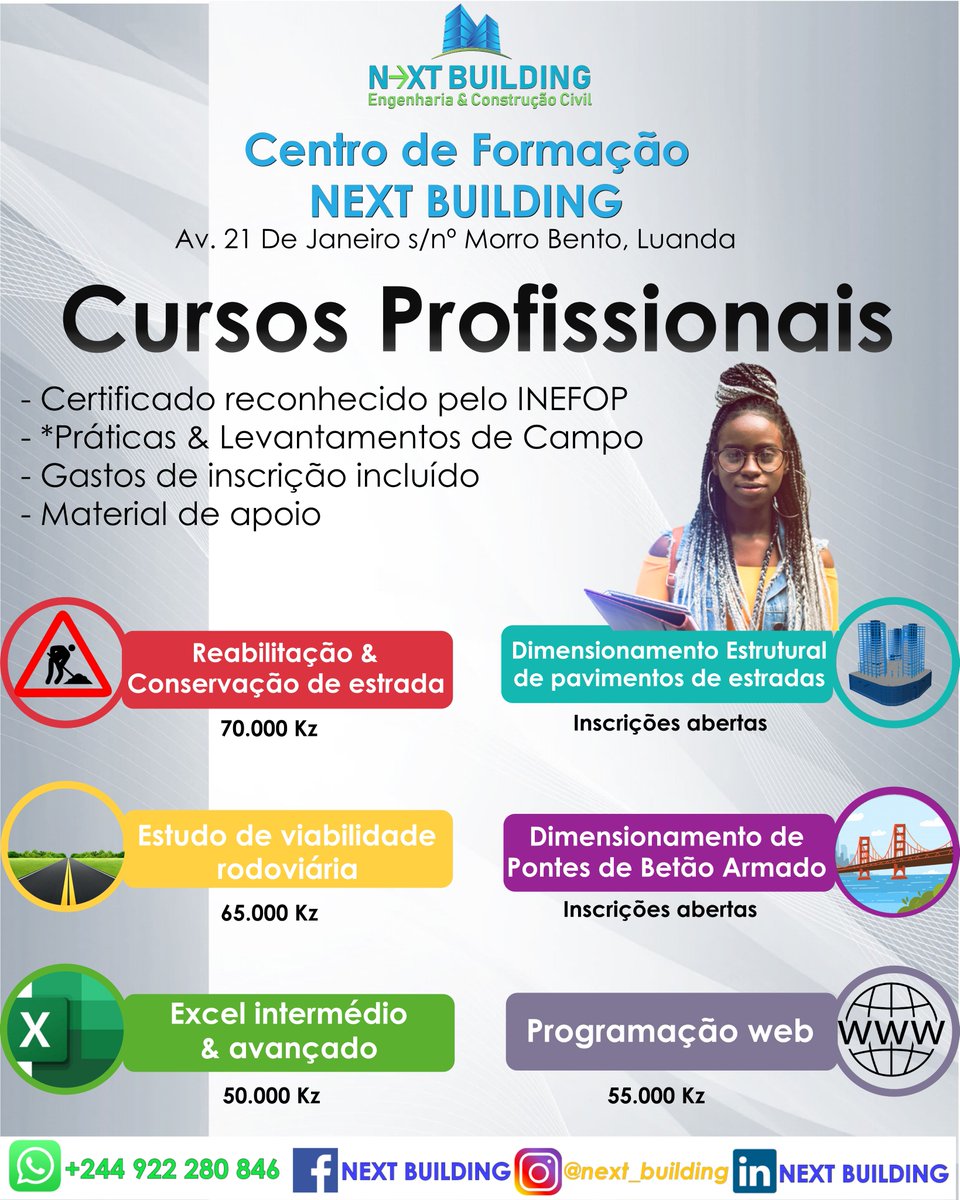 Next_Building_'s tweet photo. Cursos Profissionais - 
Centro de Formação NEXT BUILDING

Para mais informação contacte:
Tel &amp; WhatsApp +244 922 280 946
E-mail: nextangola@gmail.com
Site: https://t.co/SHO9oDLgdV
Av. 21 de Janeiro s/nº Morro Bento, Luanda, Angola https://t.co/W0z6lhsm2L