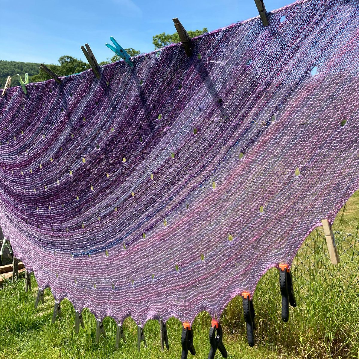 Perfect shawl blocking weather ☀️

#dottedraysshawl by westknits made using my hand dyed, hand spun yarn.

This was so much fun, starting with undyed fibre and turning it into a shawl! 😍
.
.
#handdyedfibre #handspunyarn #shawlknitting #stephenwest #spinnersofinstagram