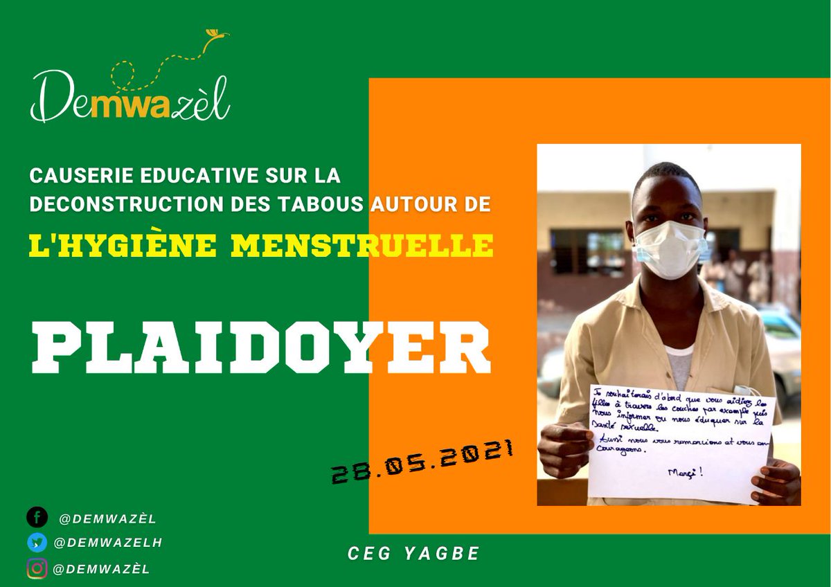 Les filles et les garçons du CEG YAGBE s'expriment 🔊🔊🩸

Le but de nos causeries éducatives
 ✅ Écoute
 ✅ Éducation
 ✅ Apprentissage
 ✅ Transformation

Un ♀️ plaide pour ses camarades, amies et sœurs ♂️
⏭️ Dons de serviettes hygiéniques
⏭️ Informer et éduquer sur la #SSRAJ