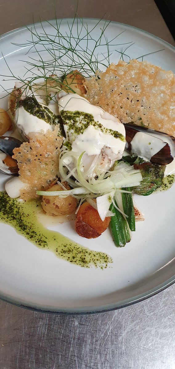 Pan fried Cornish monkfish tail, Mussels, parmesan cream, Tarragon oil with parmesan crisp and Sautéed pak chow and Spring onions tonight <a href="/FarthingsHotel/">Farthings Hotel</a>