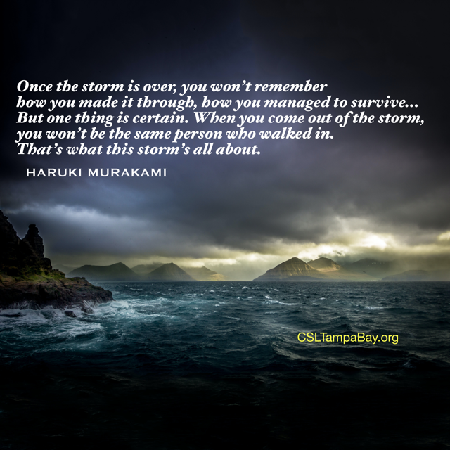 CSLTampaBay's tweet photo. Once the storm is over, you won’t remember how you made it through, how you managed to survive…But one thing is certain. When you come out of the storm, you won’t be the same person who walked in. That’s what this storm’s all about.
HARUKI MURAKAMI

#csltampabay #tampa https://t.co/zZ1J5PkKxF