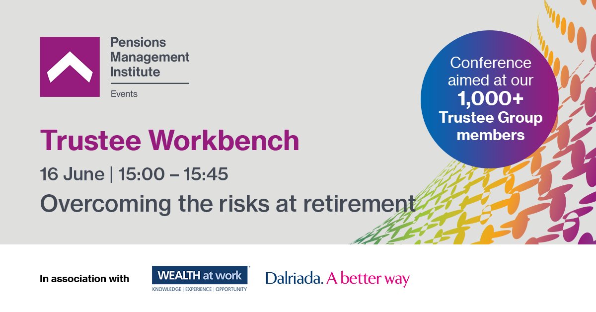 🔔Join Mark Hewitson – @WEALTHatwork, Paul Tinsley - @DalriadaTrustee and Lesley Alexander – PMI for our Trustee Workbench 2021 session taking place on Wednesday 16 June at 3pm - 3:45pm.

Register here: pensions-pmi.org.uk/knowledge/webi…  

#PMIpensions