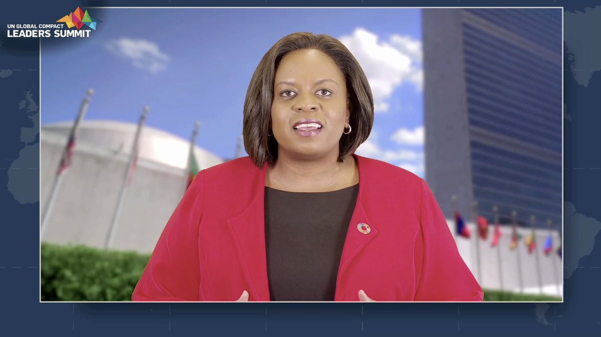 A screenshot of Sanda Ojiambo, standing in front of a backdrop of the UN Secretariat building. 