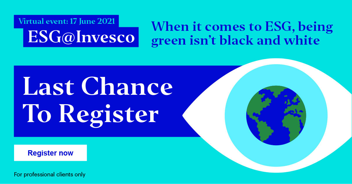 For professional investors only. LAST CHANCE TO REGISTER: Don’t miss out on our ESG@ Invesco virtual event in two days, where we’ll explore why, when it comes to ESG, being green isn’t black and white. Register now:
bit.ly/3wOVmZm