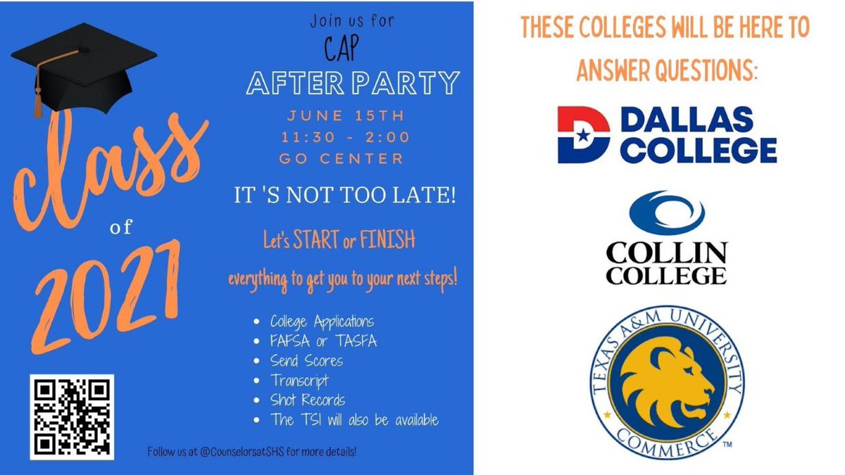 Final REMINDER: This is TODAY!  It’s come and go as you need!  We’ll be in the GO Center gettin’ things done!  🥳 <a href="/dallascollegetx/">Dallas College</a>, <a href="/tamuc/">田村菜央</a> and <a href="/collincollege/">Collin College</a> will be here from 11:30 to 2 to help and answer your questions!  <a href="/2021mustangs/">SHS class of 2021</a> 💙🎓🧡 <a href="/SHS_Mustangs/">Sachse High School 🎓</a> <a href="/CollegeReadySHS/">College Ready SHS</a>