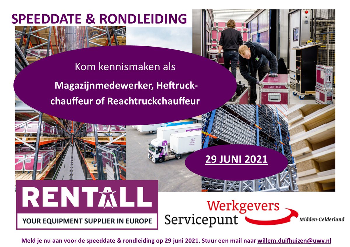 WSPMiddenGLD's tweet photo. Ben jij op zoek naar een baan in de #logistiek? Op een hypermoderne locatie? Bij @RentallBemmel zijn er #vacatures vrij voor magazijnmedewerker en reach- en heftruckchauffeur. Op 29/06 kun je #speeddaten & uitgebreid rondgeleid worden. Ervaar zelf hoe werken bij Rentall kan zijn! https://t.co/tRNT2DTPGk