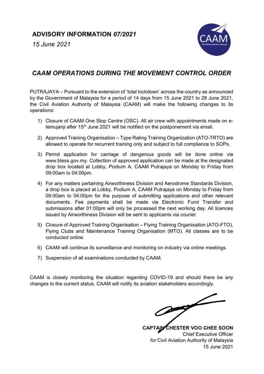 CAA_Malaysia's tweet photo. Persuant to the extension of ‘total lockdown’ from 15 June 2021 to 28 June 2021, #CAAM has made some changes to its operating hours.
#TeamCAAM
#NoticeOnOperations
#MovementControlOrder
#MalaysiaLockdown https://t.co/LdxaYfzp90
