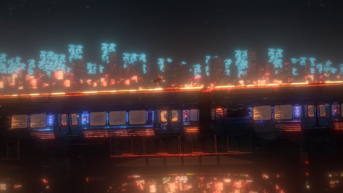 Side view of player character stood on top of a moving train with the bright lights of the buildings of Phoenix-City shining in the background. All train doors are shut as it is crossing a bridge. The player character is facing downward as their coat is flapping in the wind. 