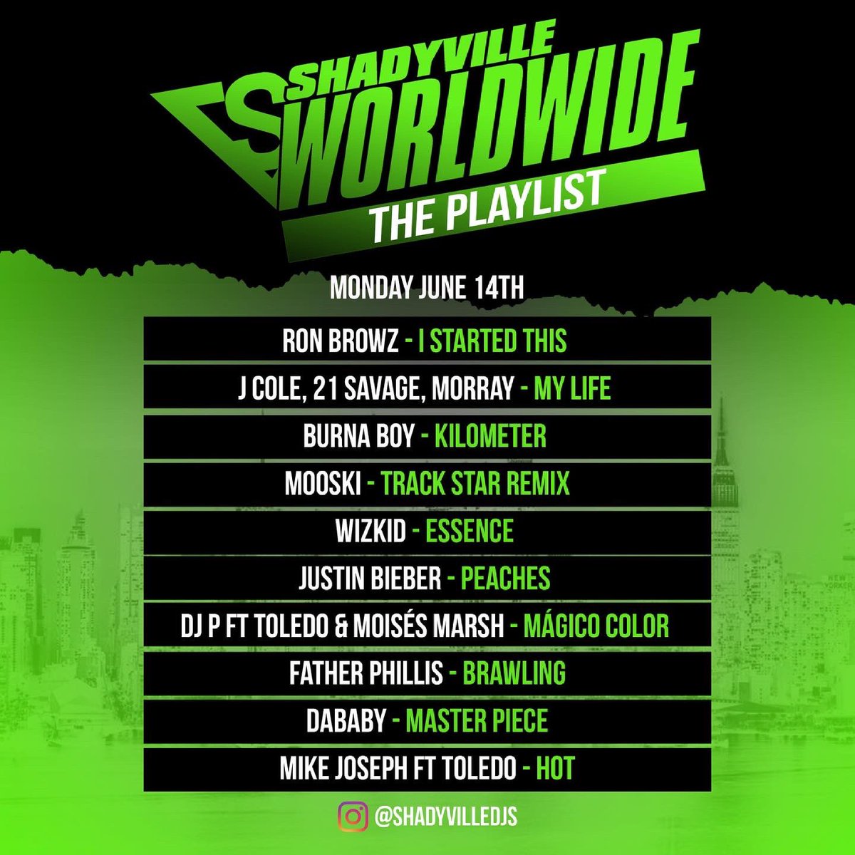 #Shadyvilledjs playlist for the week of 6-14 ft songs from <a href="/DJPCR/">DJP El Musicario</a> @RONBROWZ <a href="/wizkidayo/">Wizkid</a> and more