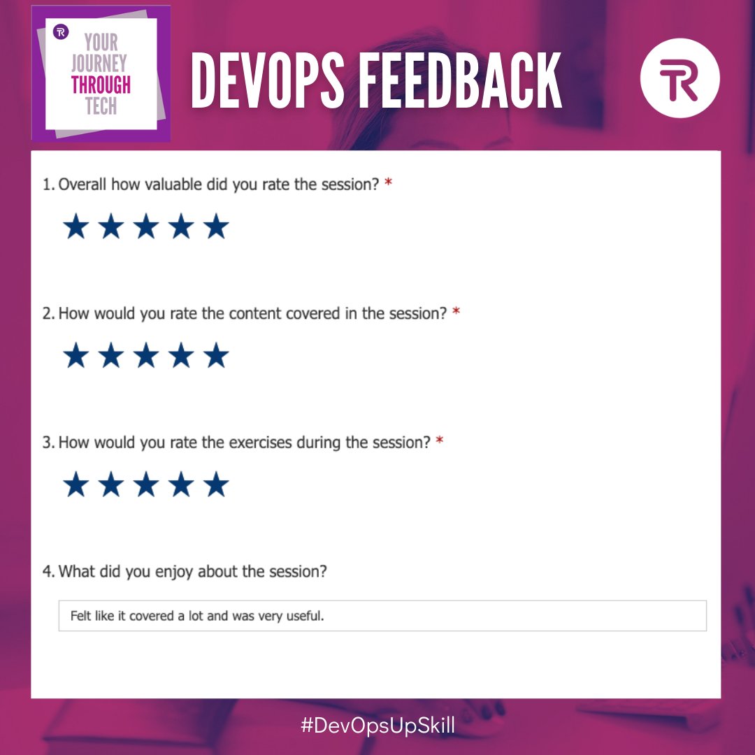 techreturners's tweet image. The latest feedback from session four of our DevOps Up-Skill #DevOps

Are you a business interested in up-skilling your tech team in DevOps? 
Register your interest for our next programme 💬🚀
💡 loom.ly/SmFfKnY 

#DevOpsUpSkill